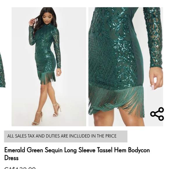 Emerald green sequin long sleeve tassel hem dress - Picture 3 of 4